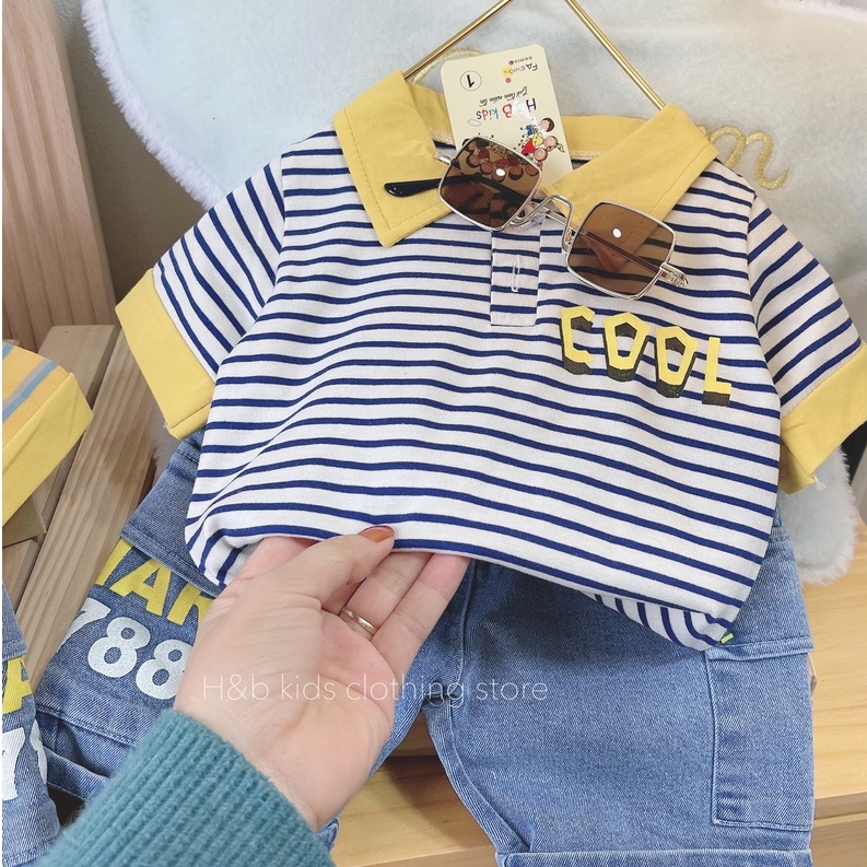 Bộ quần áo, Sét ÁO THUN COTTON CỔ TRỤ+QUẦN BÒ, QUẦN JEAN bé trai 8-20kg