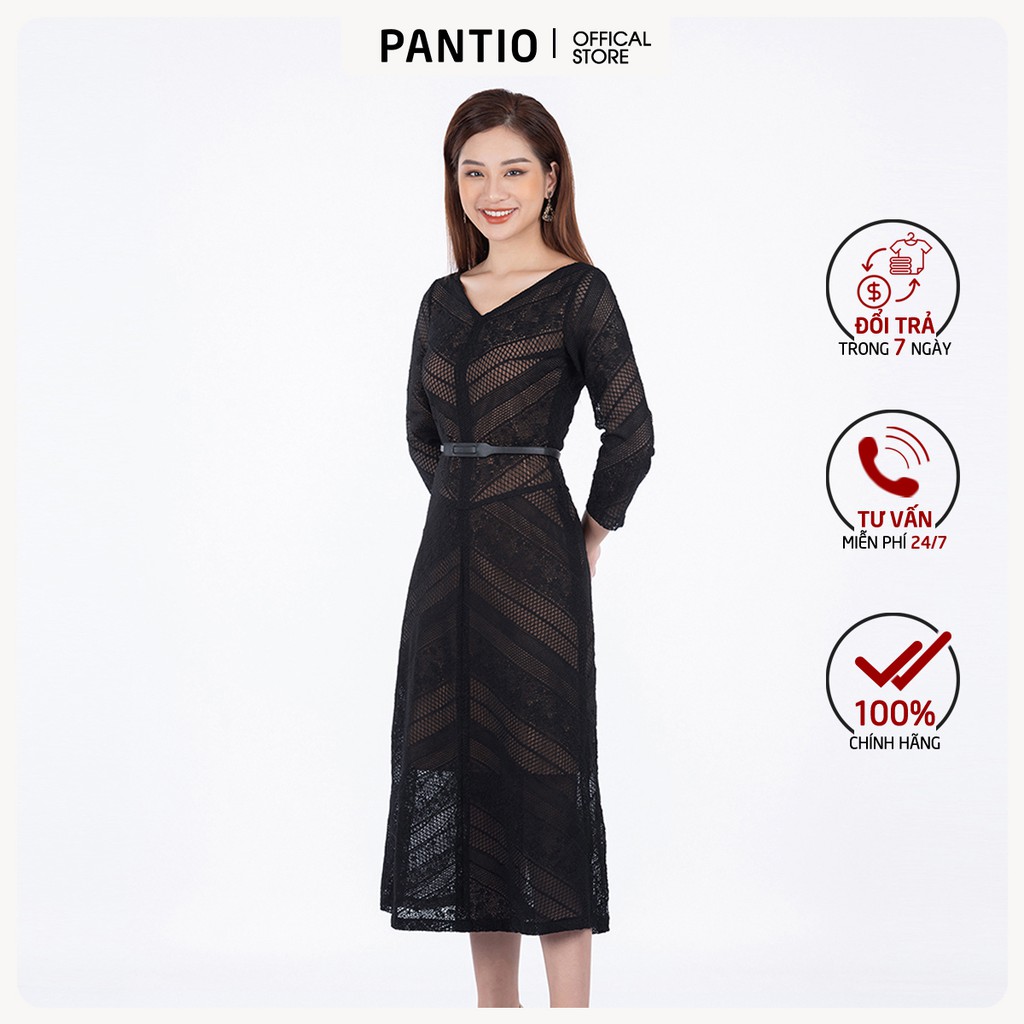 Đầm công sở chất liệu ren lưới dáng xòe cổ tim FDC92858 - PANTIO