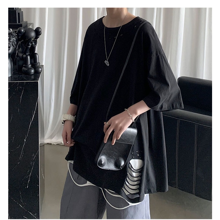 AMOI Áo Thun Ngắn Tay Dáng Rộng Phối Rách Thời Trang Hip Hop Hàn Quốc Dành Cho Nam