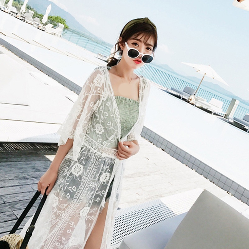 Brroa Áo Khoác Cardigan Ren Mỏng Tay Lửng Hở Phía Trước Thêu Hoa Nhìn Xuyên Thấu Gợi Cảm Cho Nữ