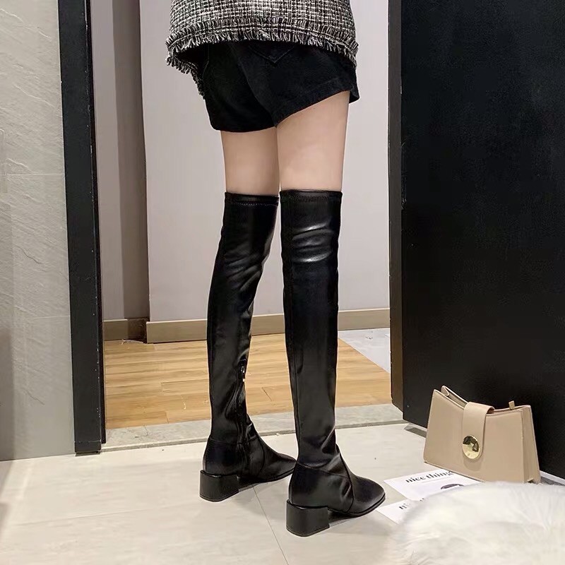 Bốt đùi nữ da lộn ôm chân lót lông gót vuông cao 5cm có khoá kéo