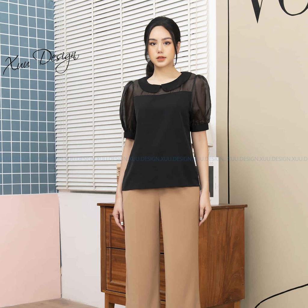 Áo sơ mi nữ công sở vải lụa phối voan tay lỡ cổ sen tròn - XUU DESIGN - SP17