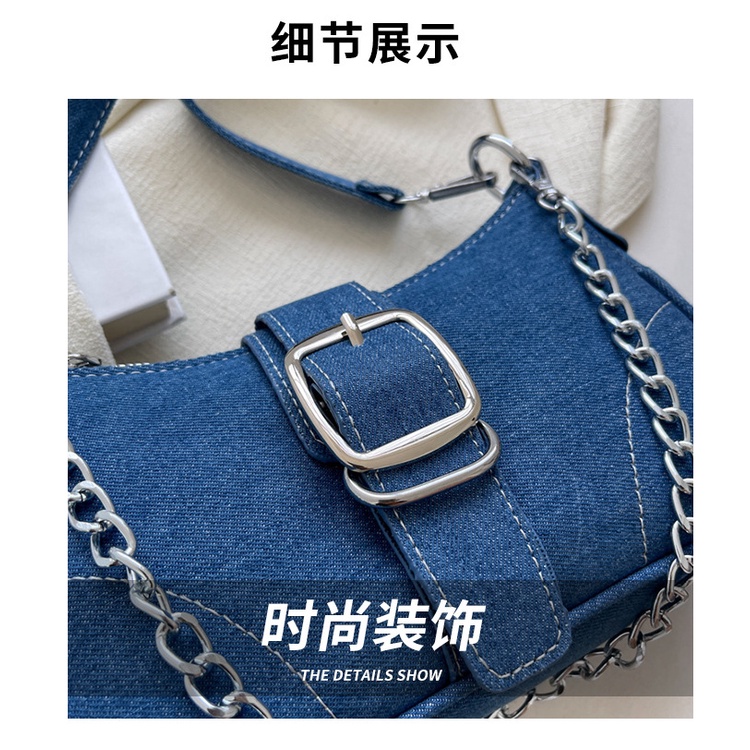 Túi đeo chéo JASMIN NOIR denim nắp gập phối dây xích cho nữ