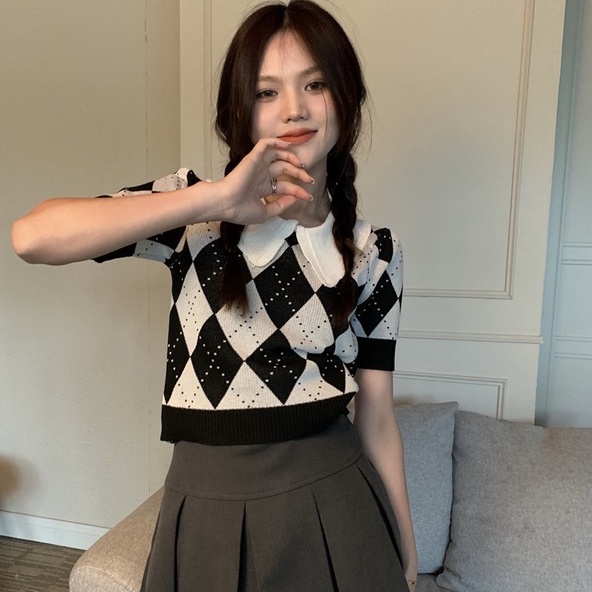 Áo thun dệt kim ZHELIHANGFEI cổ búp bê tay ngắn họa tiết hình thoi dễ thương