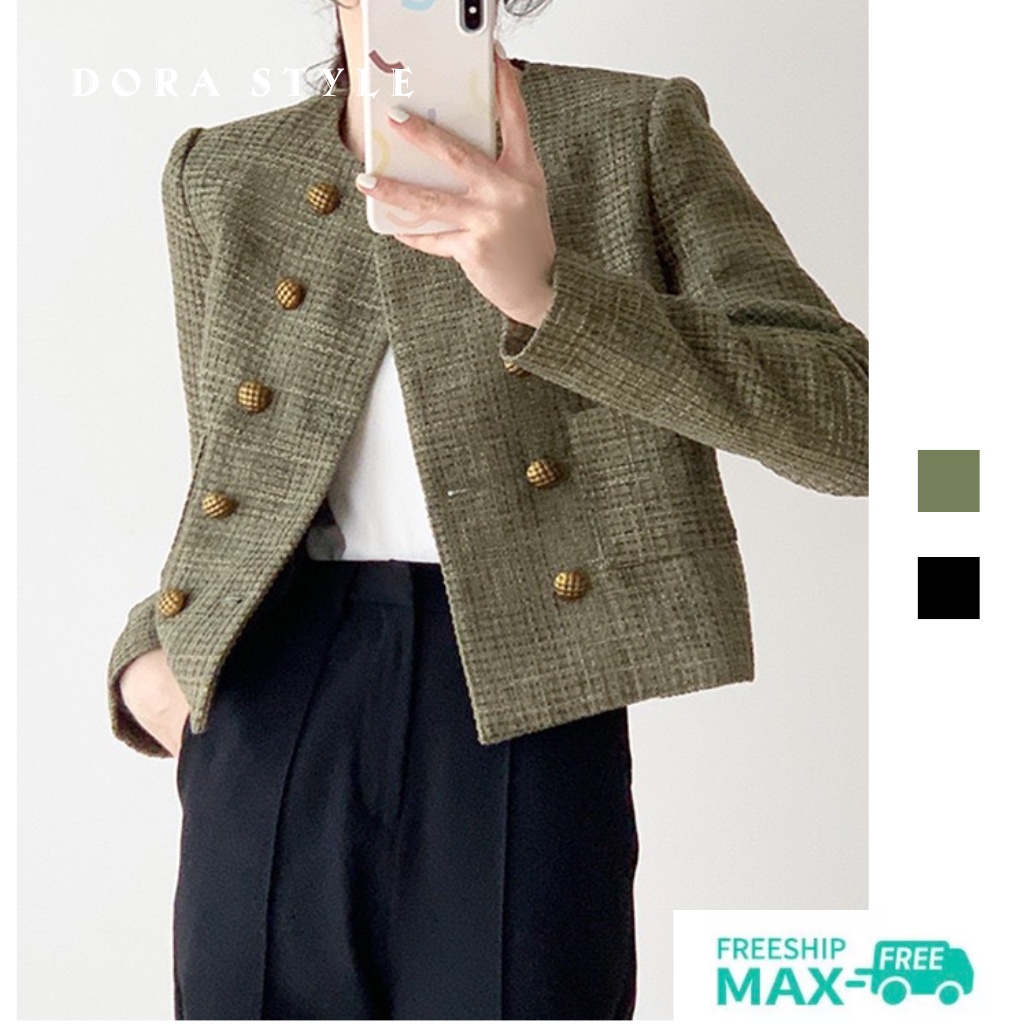 Áo khoác dạ TWEED 7523 hàng cúc đồng cổ tròn loại có size Dorastyle