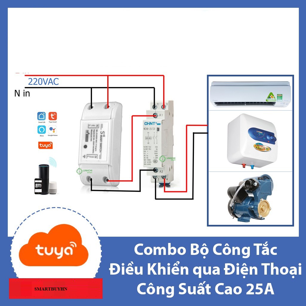 Bộ công tắc wifi công suất lớn 25A  1 công tắc smart life và 1 khởi động từ CHINT 25A, công tăc dieu khien tu xa