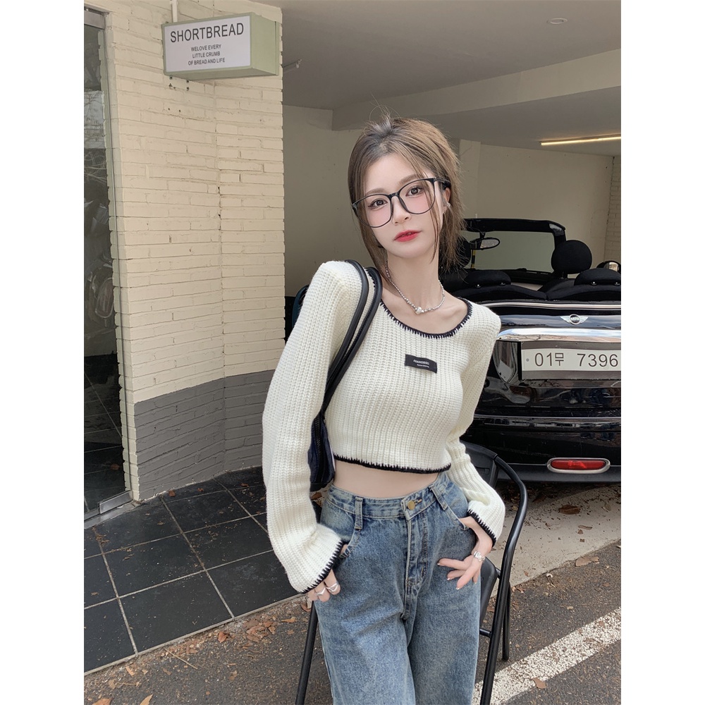 Áo Sweater Dệt Kim Tay Dài Cổ Vuông Màu Tương Phản Thời Trang Cho Nữ