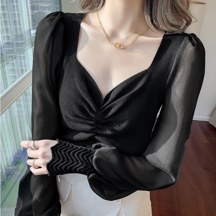 Áo Dệt Kim Tay Dài Cổ Vuông Phối Lưới Thời Trang Cho Nữ