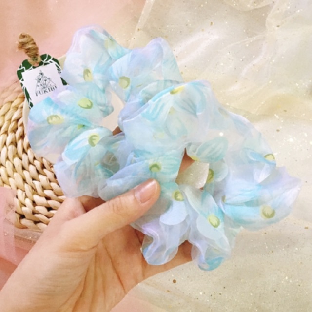 CỘT TÓC VẢI SCRUNCHIES VOAN HOA XANH NGỌC ẢNH THẬT