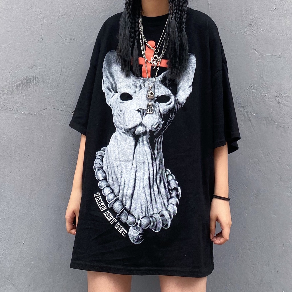 Happy-store 💋 Áo Thun Tay Ngắn In Hình mèo Cá Tính Phong Cách Hip Hop Hàn Quốc 2 Màu Tùy Chọn Cho Nữ