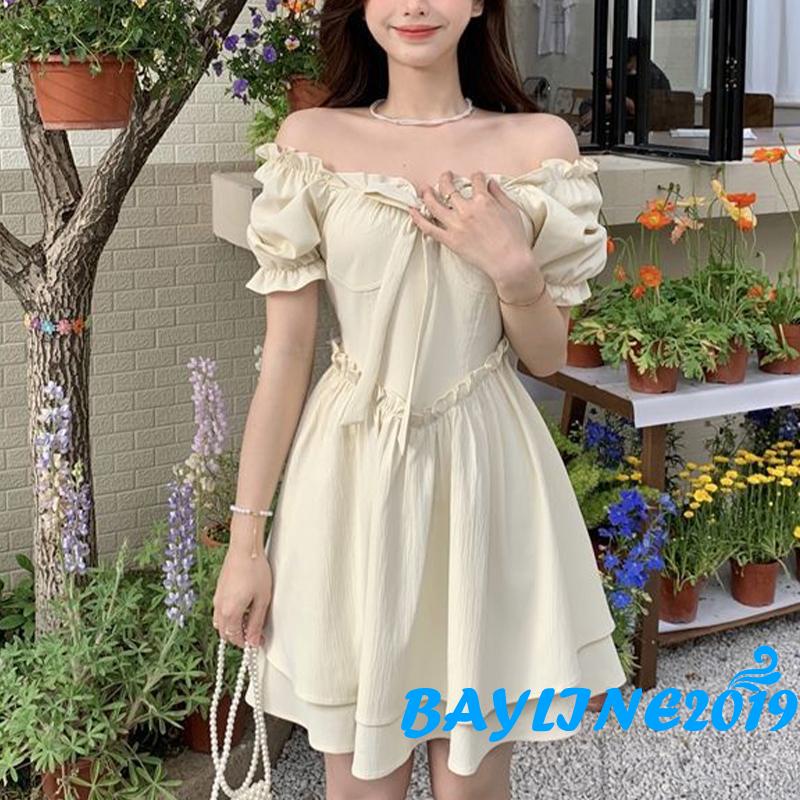 BAY-Women´s Dress, Fungus Trim Decoration Short Sleeve Solid Color Double-Layer High Waist Dresses