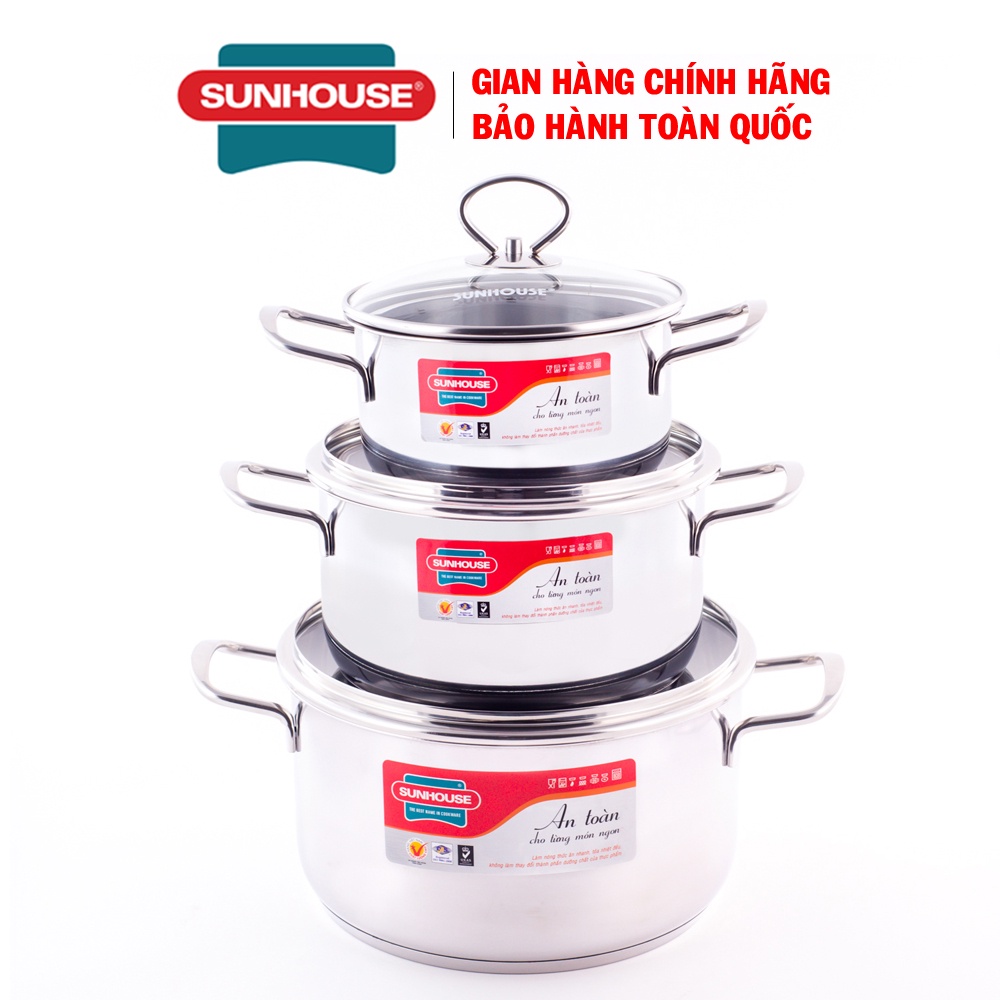 Bộ nồi inox 5 đáy Sunhouse SH888, Bộ 3 nồi size 16, 20, 24 cm, Chất liệu inox sáng bóng, chống xước, dễ vệ sinh