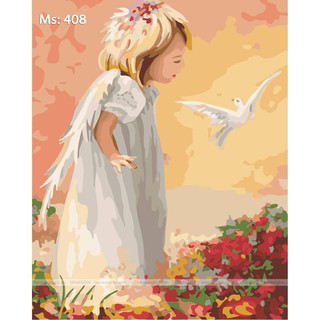 Tranh sơn dầu số hóa tự tô Thiên Thần Nhỏ Bên Vườn Hoa T408