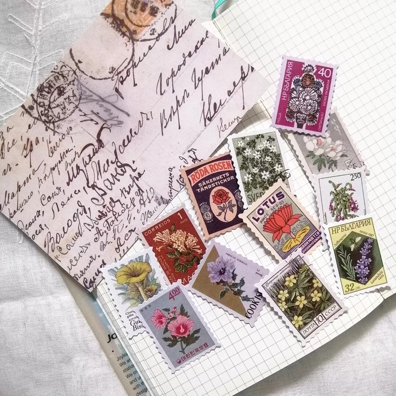Set 46 sticker tem cổ điển tặng kèm postcard nhiều chủ đề dùng trang trí sổ bullet journal - ginandtonic