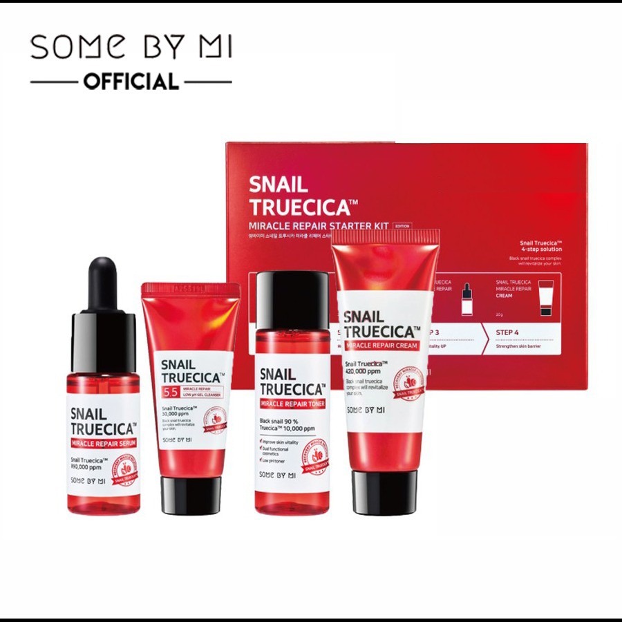 Bộ Kit 4 sản phẩm dưỡng phục hồi da, ngừa sẹo lõm Some By Mi Snail Truecica Miracle Repair Starter Kit