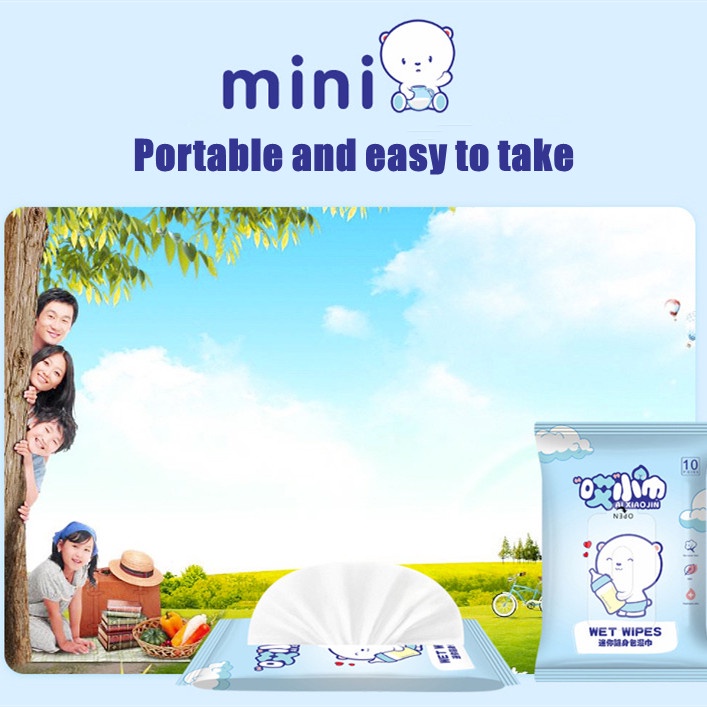 Túi 10 khăn giấy ướt mini tiện dụng cho trẻ em Sabuy