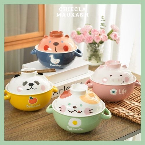 Tô Sứ Hình Thú Bát Sứ Âu Kèm Nắp Sứ Gác Đũa Nồi Sứ Kèm Bát Ăn Mì Đựng Thức Ăn Dung Tích 700ml