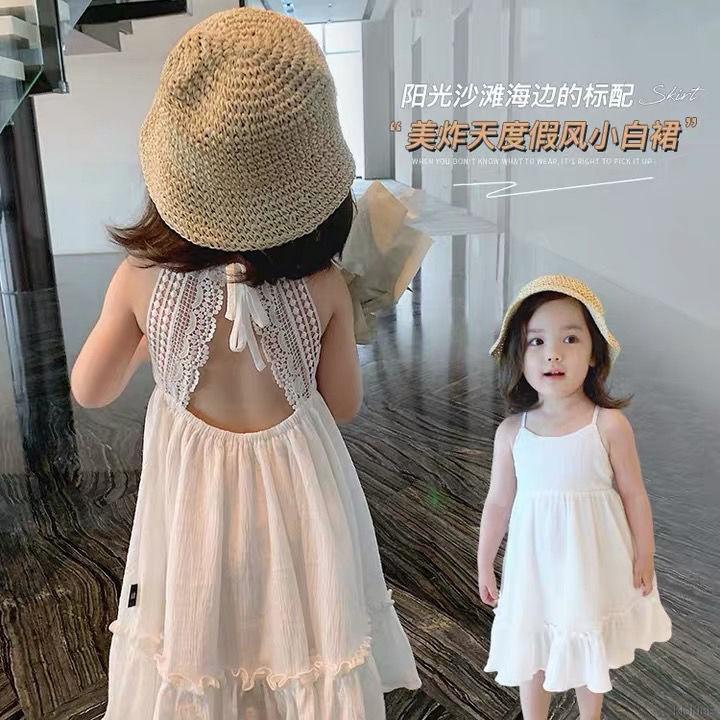 Đầm công chúa hai dây hở lưng phối ren màu trắng phong cách Hàn Quốc thời trang mùa hè cho bé gái