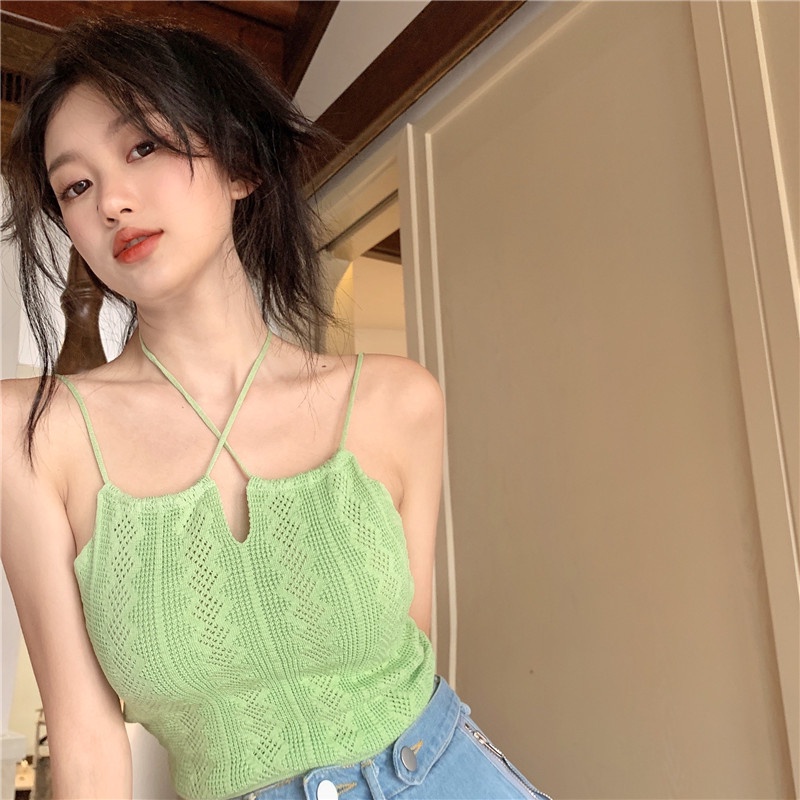 Áo hai dây mảnh dáng ngắn màu trơn cổ chữ U dệt kim cho nữ