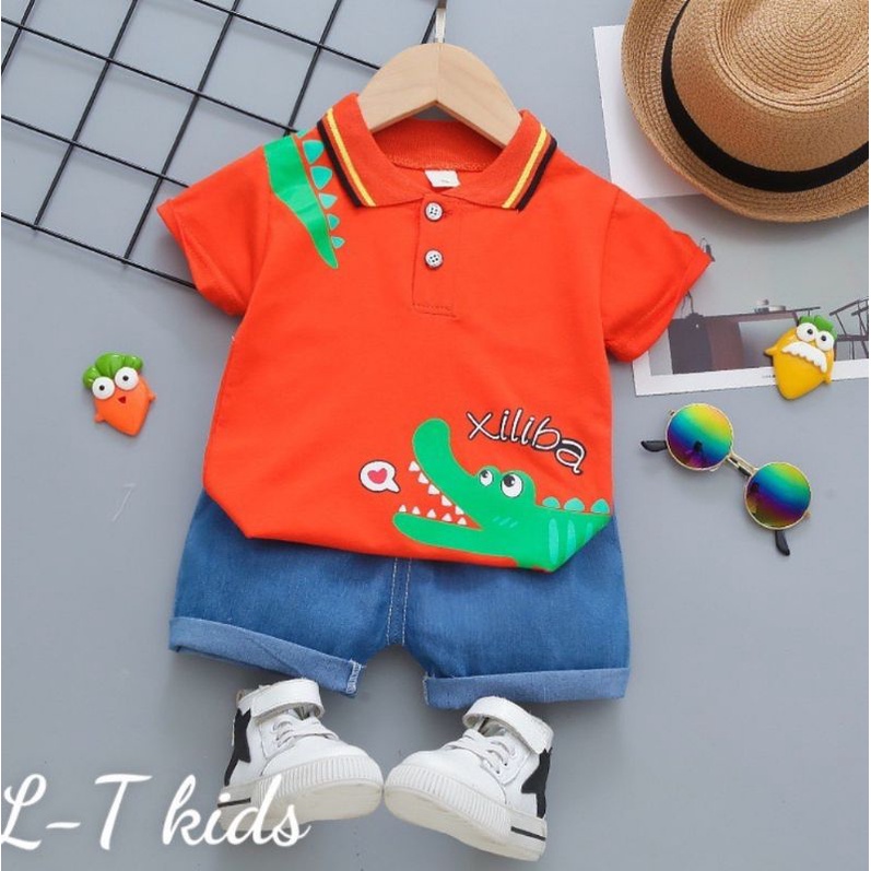 Bộ đi học bé trai cộc tay cổ bẻ quần jean mềm size nhí
