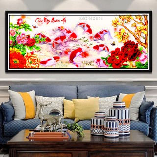Tranh Đính Đá CÁ CỬU NGƯ QUẦN HỘI - Kích Thước 115x50cm