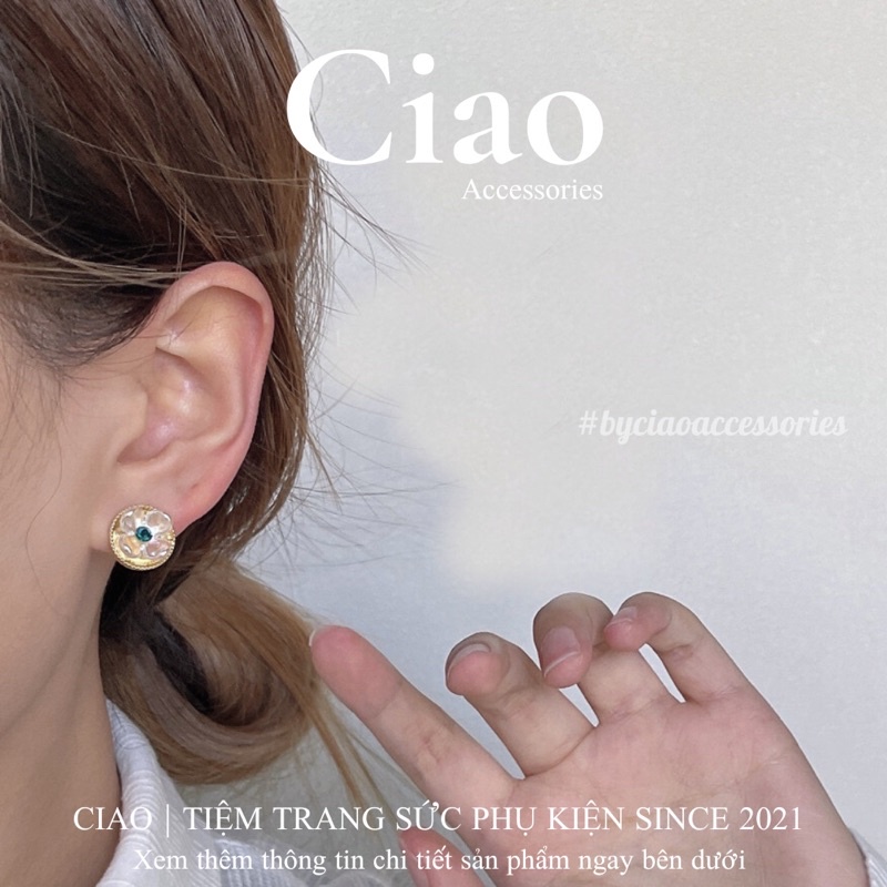 [HOẢ TỐC 1H] Khuyên tai/ Bông tai mạ bạc S925 thiết kế hoa đính đá xanh Morra Ciao