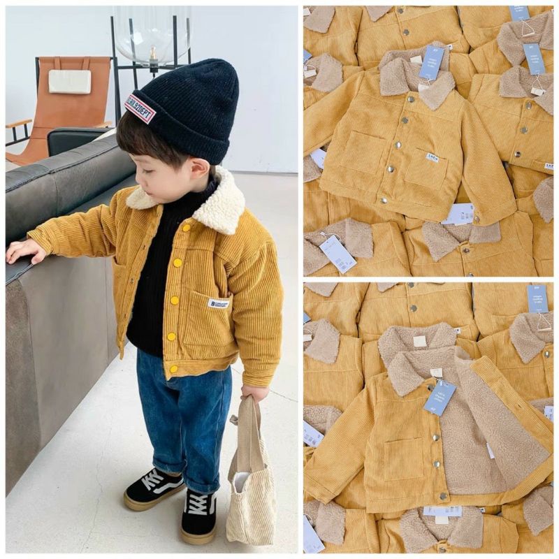 Áo nhung tăm vàng cổ lông lót lông cho bé