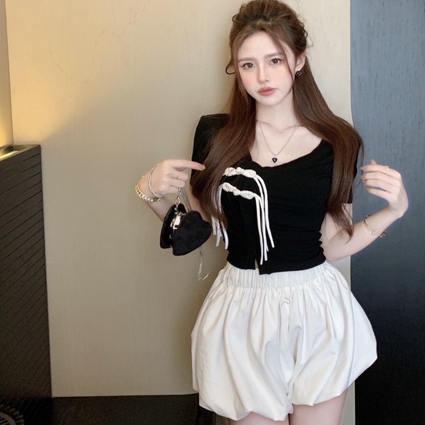 Áo thun ZHELIHANGFEI dệt kim ngắn tay phối nút thời trang cho nữ