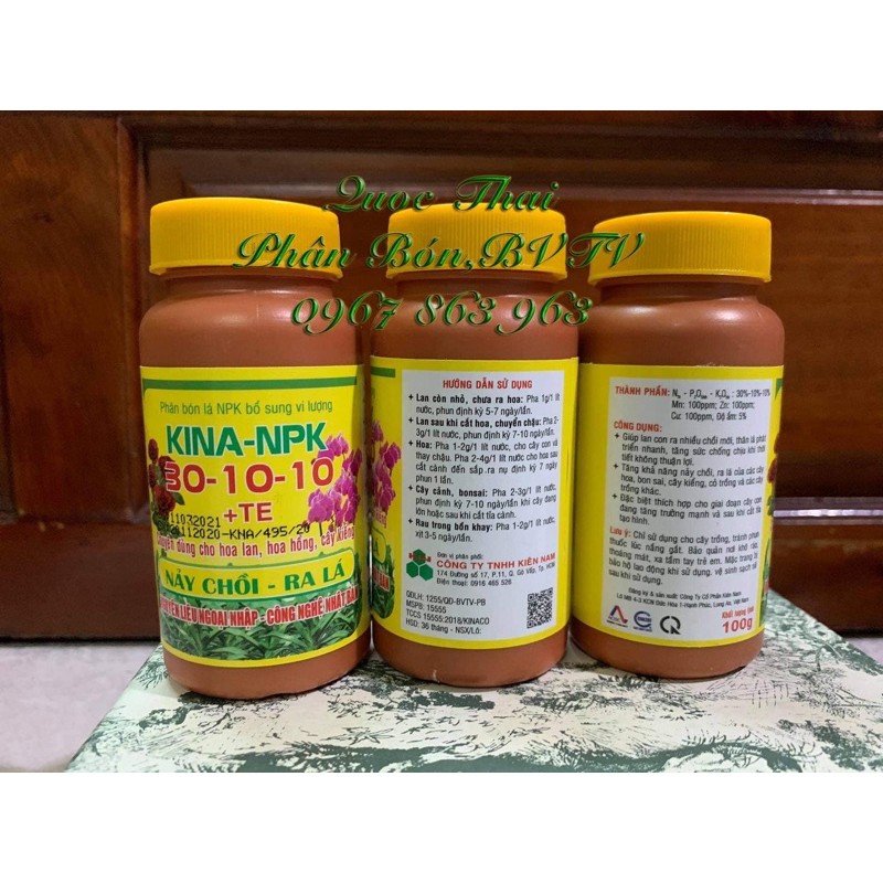 Phân bón lá ra chồi cực mạnh NPK bổ sung vi lượng và GA3 KINA NPK 30 10 10+TE,hũ 100gam n