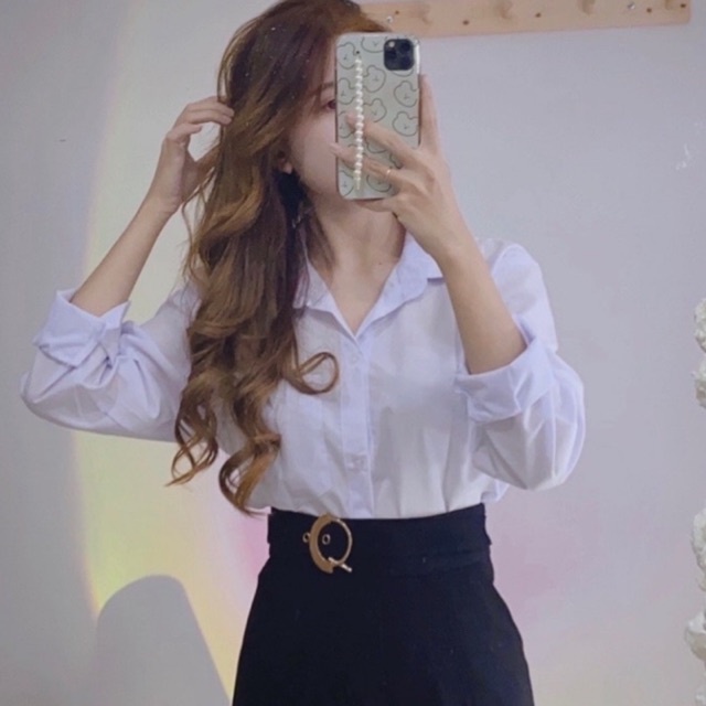 Áo sơ mi trắng đi học đi làm nữ tay dài dáng rộng cổ bẻ basic - Sơ mi đi học sinh nữ trắng tay dài_A002