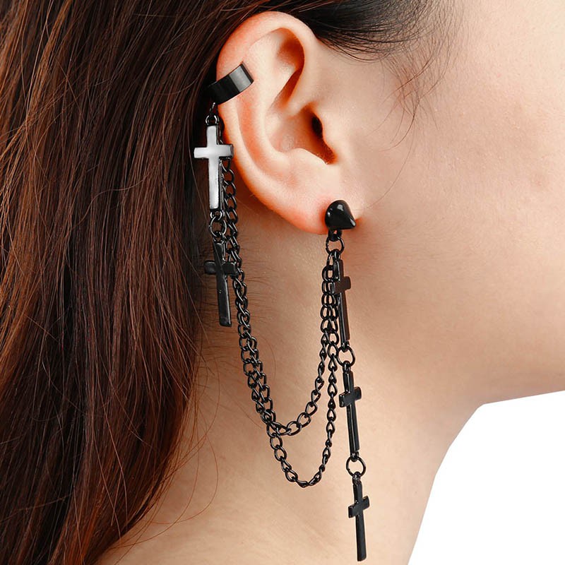 Cross Tassel Chain Gothic Punk Style Women Clip Earrings Fashion Jewelry#ctg