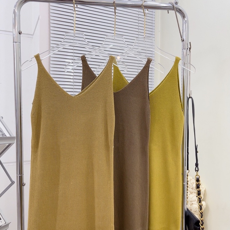 Đầm len hai dây xẻ tà Hàng Quảng Châu Loại 1, Váy Len hai dây dáng dài