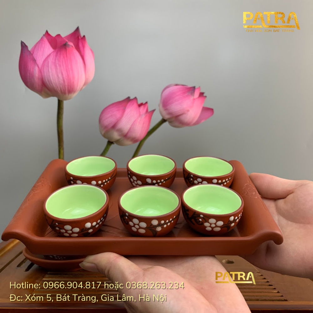 Bộ ấm chén uống trà cao cấp , bộ ấm trà Bát Tràng - trường sa mai trắng khay vuông