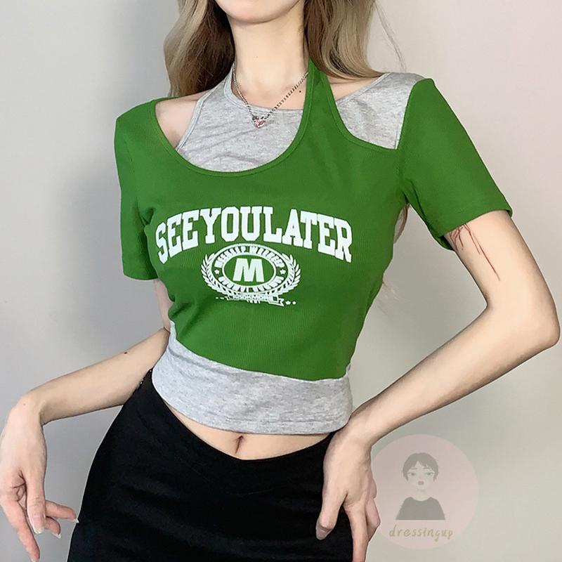 Áo Thun Crop Top In Chữ Phối Họa Tiết Chữ Thời Trang Mùa Hè Cho Nữ