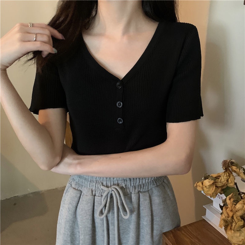 Áo Dệt Kim Tay Ngắn Cổ Chữ v Dáng Ôm Thời Trang Mùa Hè Phong Cách Hàn Quốc 2022 Cho Nữ