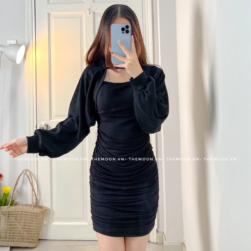Đầm body nhún dáng ngắn mini váy ôm có sẵn mút ngực kèm áo khoác croptop tay phồng