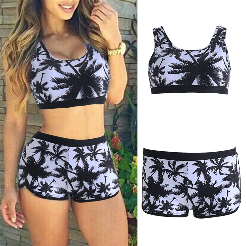 Bộ Đồ Bơi 2 Mảnh Gồm Áo Croptop Và Quần Short In Họa Tiết Cây Dừa Nhiệt Đới Quyến Rũ Cho Nữ