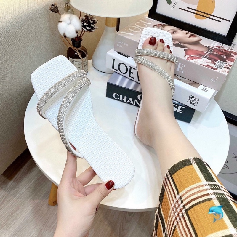 Dép lê bệt nữ SOBINAA quai ngang mũi vuông đính đá xoàn kim sa lấp lánh sang chảnh đi chơi đi du lịch
