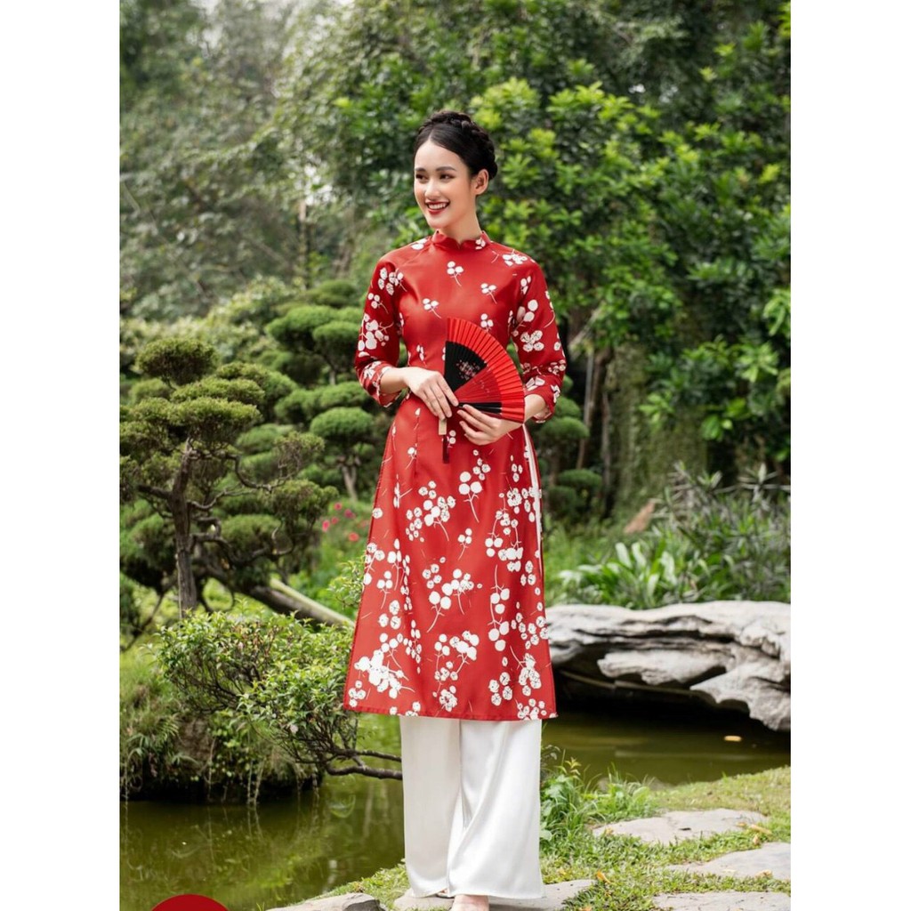 Áo dài cách tân hoa nhí đỏ  (HÀNG CAO CẤP) | BigBuy360 - bigbuy360.vn