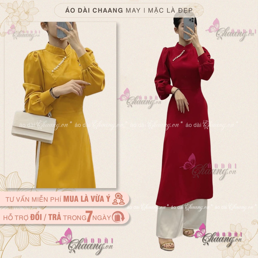 Áo Dài Cách Tân Nữ Tay Dài Bồng Phồng Măng Séc Đính Ngọc May Sẵn Mặc Dự Tiệc Lễ Tết Đẹp
