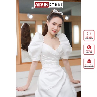 Đầm Dáng Xòe Đắp Chéo Ngực Tay Phồng Xếp Ly Eo Năng Động Alvin Store 0960