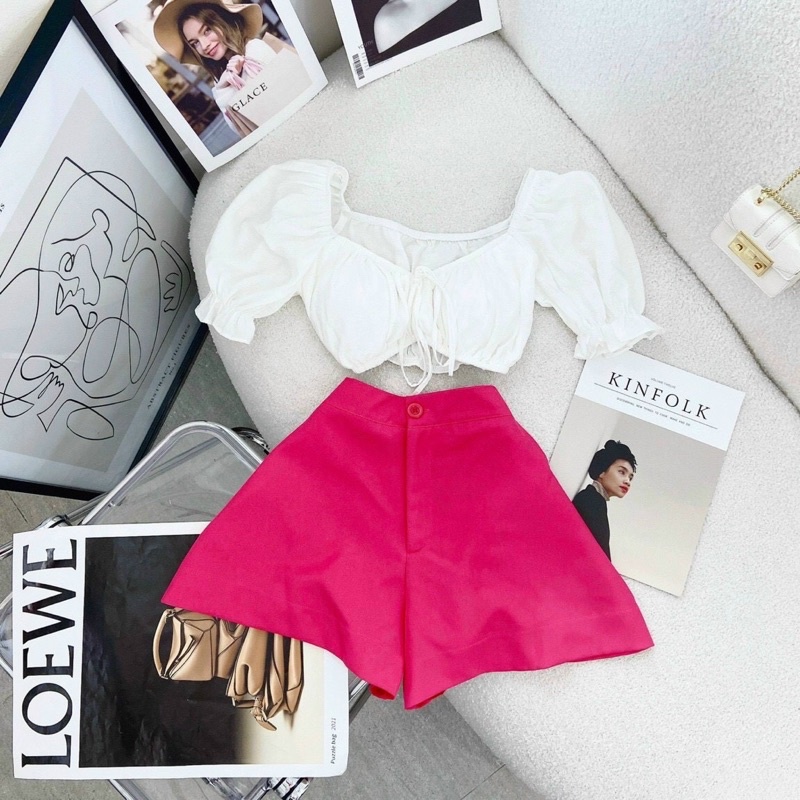 SET CROP TRẮNG NHÍU NGỰC TAY BỒNG + SHORT HỒNG