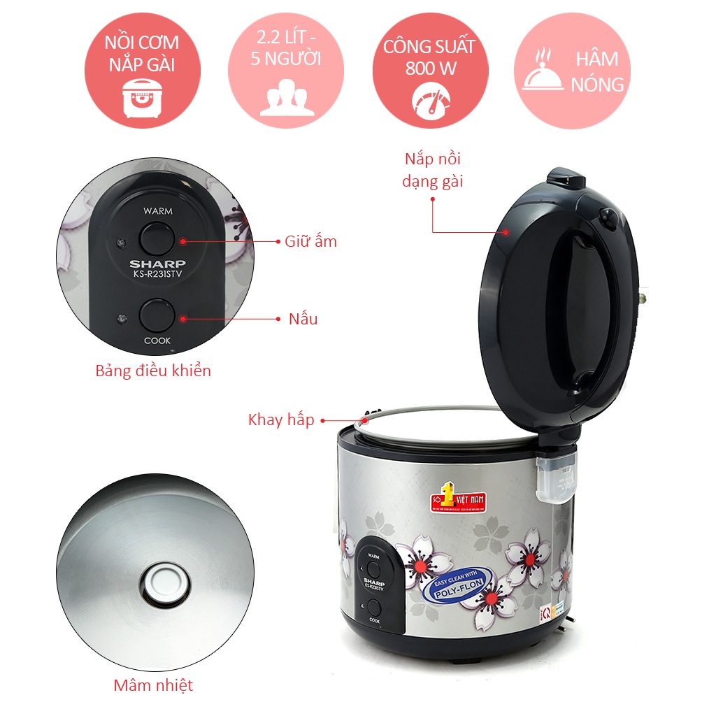 Nồi cơm điện Sharp 2.2 lít KS-R231STV-Chính Hãng Mới 100%-SX Thailan ,Lòng nồi chống dính, 6-8 người ăn