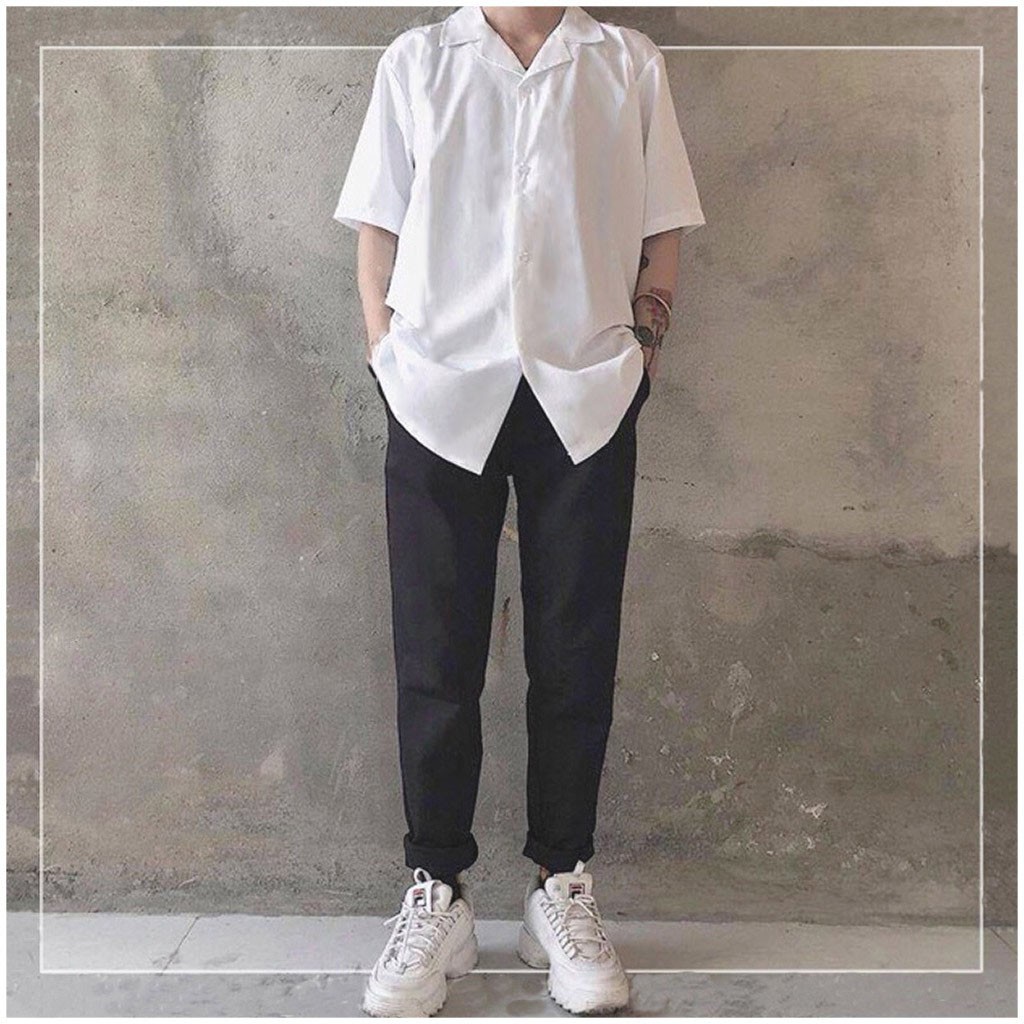 Áo sơ mi ngắn tay Nam Nữ Cổ Vest TRƠN trắng và đen - Kiểu sơ mi tay ngắn form rộng Memotop MM05