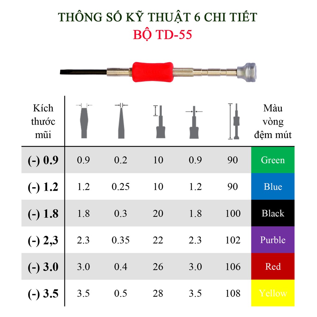 Bộ 06 cái tô vít mũi 2 cạnh siêu nhỏ No.TD-55 Vessel