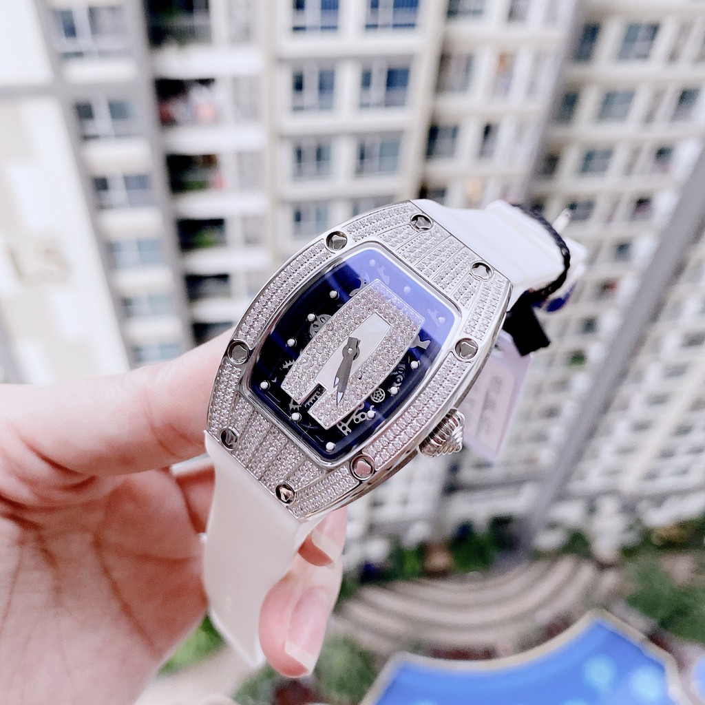 Đồng Hồ Huboler Hanboro Nữ Dây Silicon Trắng Mặt Đính Đá Silver Chính Hãng 31x42mm