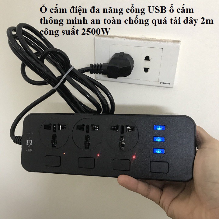 Ổ cắm điện thông minh 2500w Hỗ trợ sạc nhanh 3.1A/ Ô Cẳm Điện Đa Năng + Cổng USB tặng kèm hộp