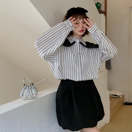 ZHELIHANGFEI Áo Sơ Mi Tay Dài Kẻ Sọc Cổ Búp Bê Kèm Khăn Choàng Cổ Dễ Phối Đồ