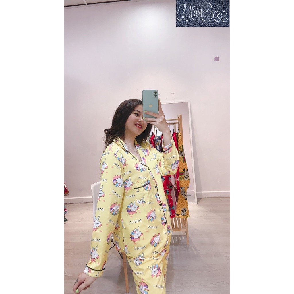 [FREESIZE] Đồ bộ mặc nhà Pijama HUGEE cao cấp vải Kate Thái loại 1 màu vàng họa tiết Kỳ Lân A020