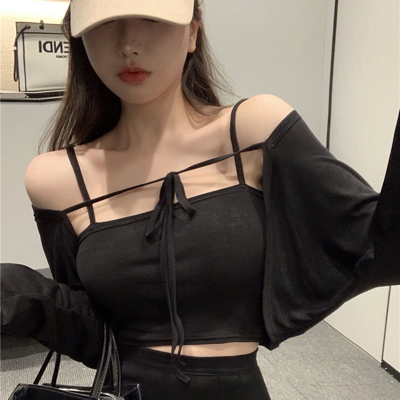 COZOK Set áo khoác cardigan ngắn tay dài + áo hai dây dáng ôm thời trang quyến rũ cho nữ